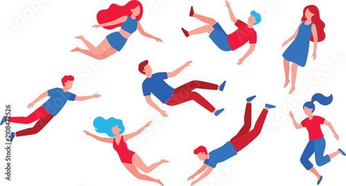 Canvas Print People floating and flying in the air vector concept set with men and women fall