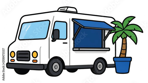Simple Vector Illustration of a White Food Truck with Black Outline and Orange and Yellow Details