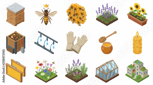 Obraz na plátně Colorful Isometric Beekeeping And Gardening Illustration Set.