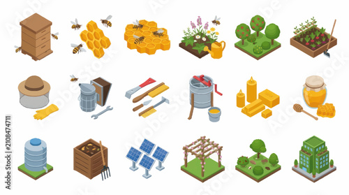 Billede på lærred Colorful Isometric Beekeeping and Farming Icons Set.