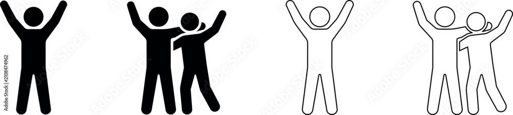 Fototapeta premium Two stick figures embracing with arms raised in celebration and joy
