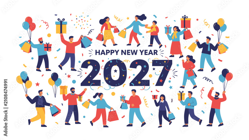 Fototapeta premium Happy New Year 2027 Celebration: A vibrant illustration depicting a diverse group of people celebrating the arrival of New Year 2027 with gifts, balloons, and confetti.