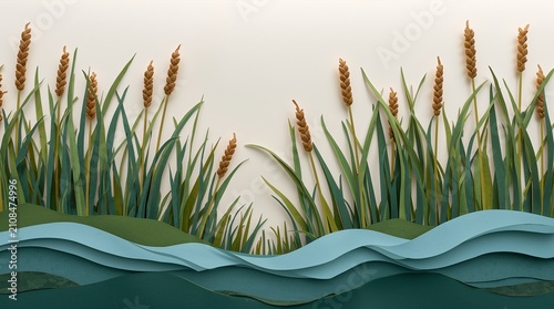 Paper Cut Art Wheat Grass and Water Ripples Nature Background Concept