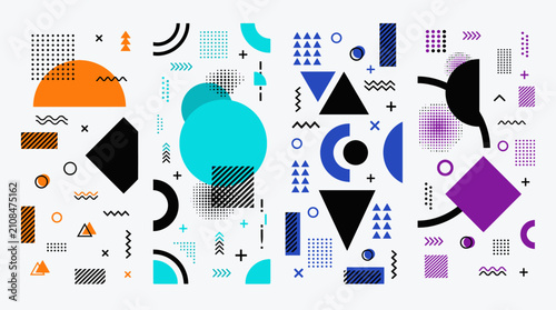 Abstract Memphis vertical banners with colorful geometric shapes.
