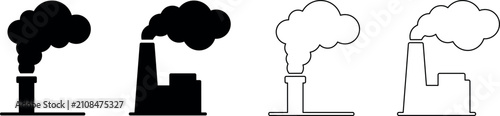 Photos Factory chimney emitting smoke, presented as simple icons in black and white