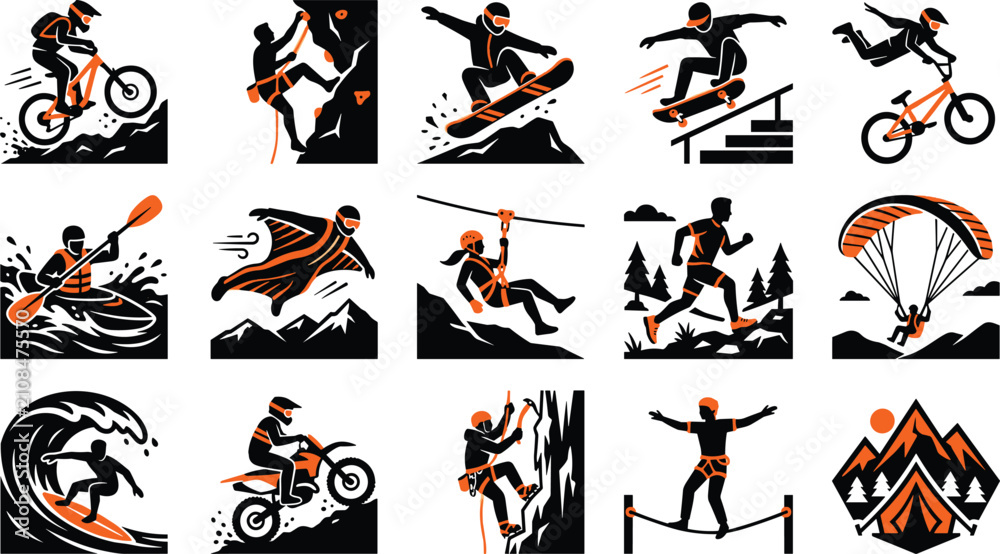 Obraz premium Extreme sports and outdoor adventure activities vector icons set with mountain biking rock climbing snowboarding and paragliding black silhouettes