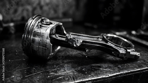 Monochrome Close-up View of a Worn Automotive Engine Piston and Connecting Rod Component Resting on a Dusty Industrial Workshop Workbench