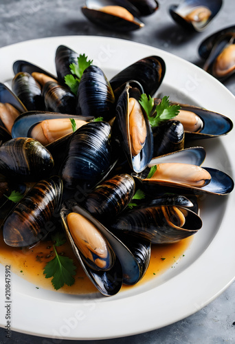Close-up of cooked mussels ...