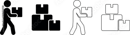 Konstfotografi Delivery person carrying a package and stack of boxes icons