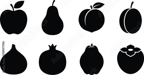 Fresh fruit silhouettes vector icon set featuring apple pear peach plum fig pomegranate quince and persimmon