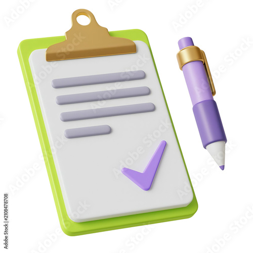 Modern 3D illustration of clipboard with green border, golden clip, purple checkmark, and stylish purple pen symbolizing completed tasks, checklist, documentation concept