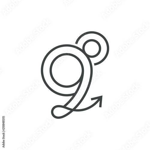 Abstract line art number nine with growth arrow.
