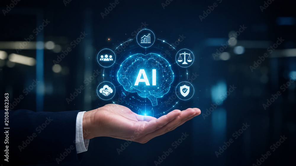 Fototapeta premium Artificial Intelligence Concept with Glowing Digital Brain Floating Over Hand Representing Future Innovation, Machine Learning, Data Analytics, Cyber Security, and Smart Tech Solution