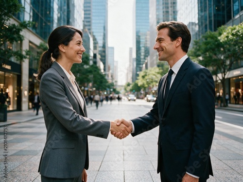 Two businessmen in suits shaking hands, symbolizing agreement with blurred corporate building.
