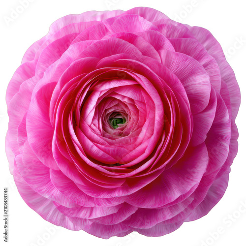 Pink ranunculus flower top view, isolated on transparent background