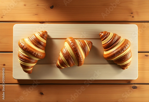 Three croissants on wooden ...