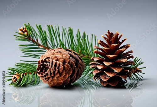 Two pine cones with green p...