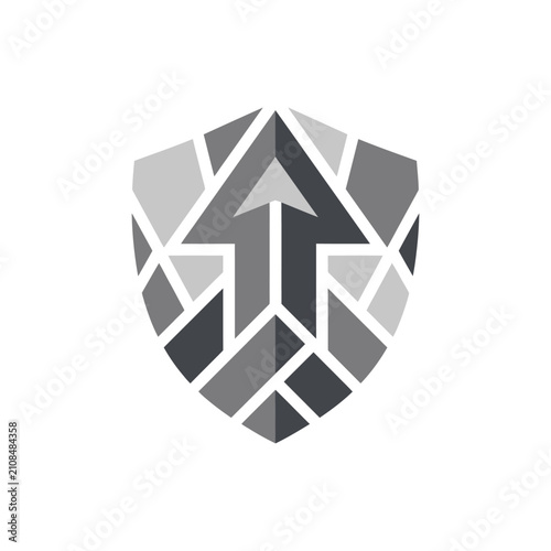 Abstract geometric shield crest with central growth arrow.