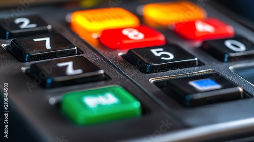 ATM keypad detail, individual buttons, subtle wear, transaction,