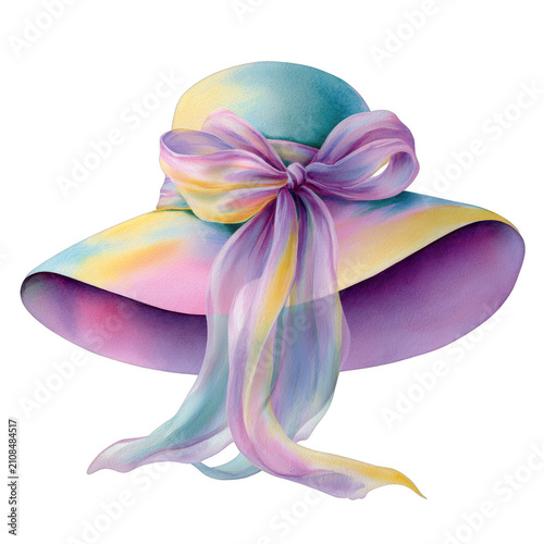 Watercolor wide brim sun hat, isolated on transparent background