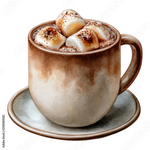 Hot chocolate mug with marshmallows, isolated on transparent background