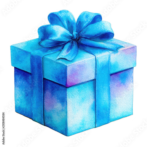 Watercolor gift box with bow, isolated on transparent background