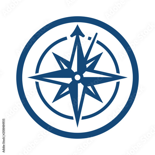 Blue nautical compass rose circular icon.