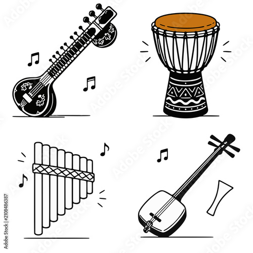 Foto doodle illustration of world music instruments bundle with sitar djembe and sham