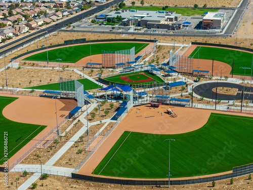 Photography Aerial shot of a baseball field surrounded by homes in Las Vegas Nevada USA