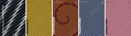 Abstract geometric line patterns, set of 5 vector textures with spiral and diagonal shapes, modern minimalist background collection for posters