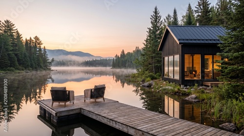 Obraz na płótnie Luxury lakeside cabin at sunset with private dock