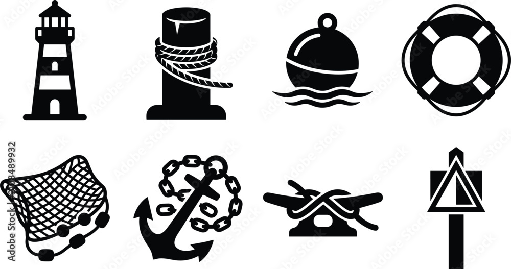 Naklejka premium Nautical icon set featuring lighthouse anchor lifebuoy fishing net and marine symbols isolated on white background