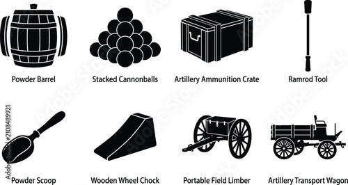 Konstfotografi Military artillery and historic cannon equipment black silhouette icon set isola