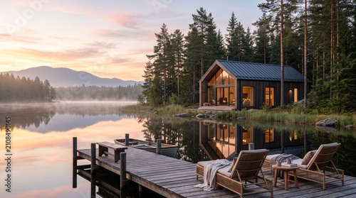 Obraz na płótnie Luxury lakeside cabin at sunrise with wooden dock