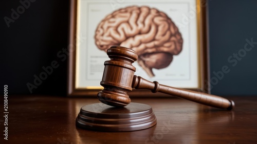 Wooden judge gavel positioned on dark polished wood surface with framed brain anatomy chart in background, for legal neuroscience, and forensic law concepts