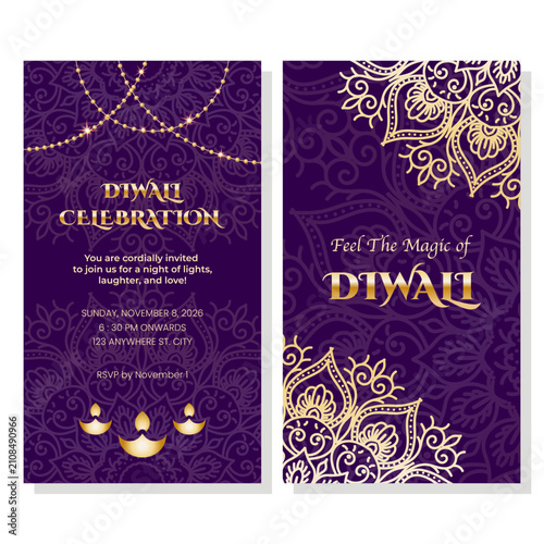Diwali Invitation Story template set with golden diya, mandala ornament, luxury festive social media post collection
