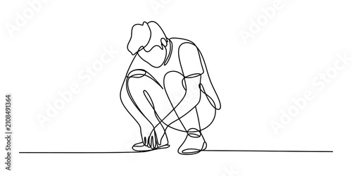 Canvastavla Continuous line drawing of a sad boy crouching down
