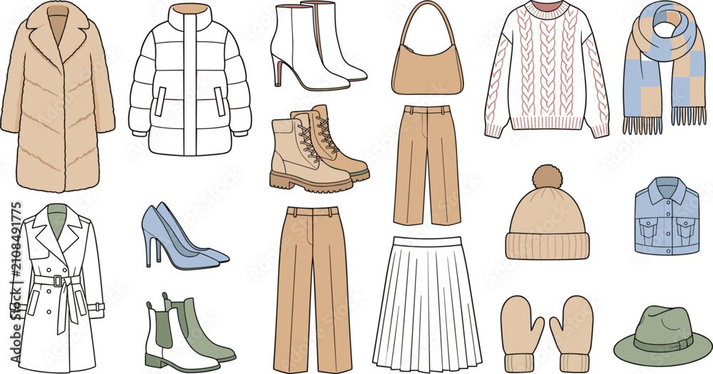 Obraz premium Winter and Autumn Women Fashion Vector Icon Set with Fur Coat, Puffer Jacket, Sweater, Pleated Skirt, Trousers, High Heels, and Plaid Scarf Illustrations