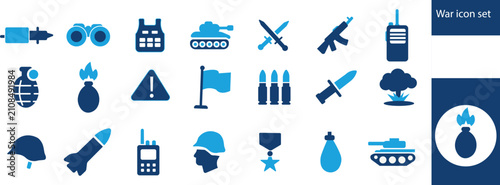 Foto War and military icon set showing weapons, tanks, soldiers, communication device