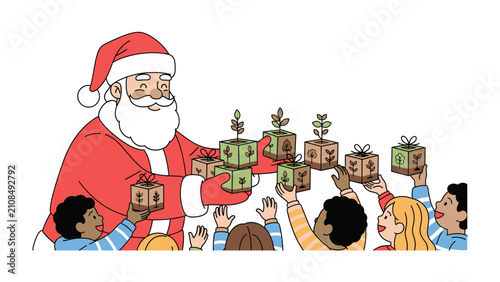 Canvastavla Santa's Gift of Growth: A heartwarming illustration of Santa Claus distributing small potted plants in decorated boxes to a group of eager children