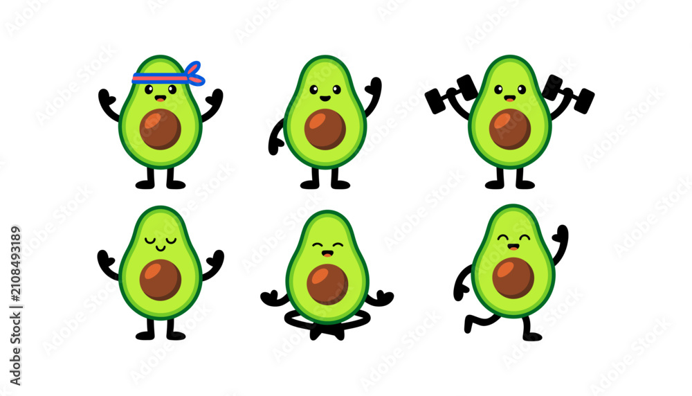 Fototapeta premium Cartoon avocado vector illustration set featuring cute characters in fitness, yoga, jogging, and wellness activity poses