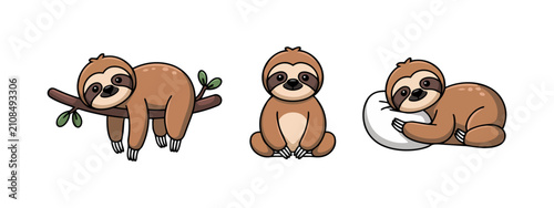 Foto Cartoon sloth vector illustration set featuring cute animals in relaxed poses wi