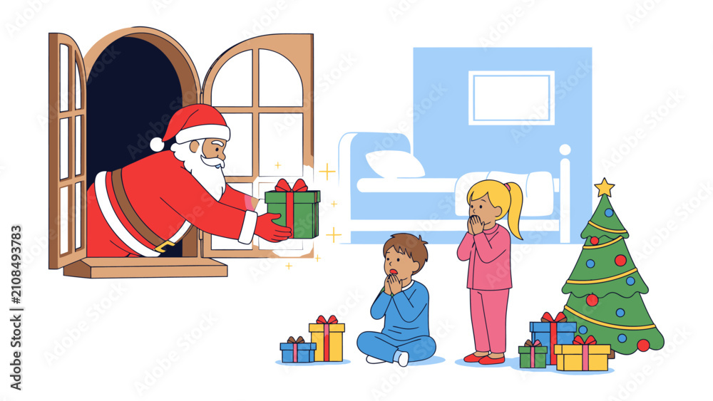 Naklejka premium Santa Claus delivering gifts through a window to sleeping children on Christmas Eve, with a decorated Christmas tree beside their beds. A heartwarming scene of festive joy and anticipation.