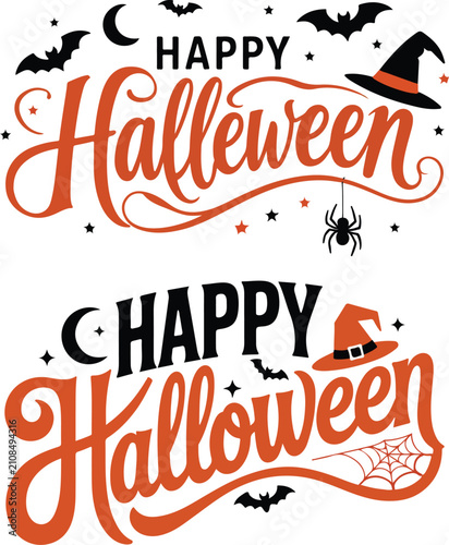 Happy Halloween Banner with Bats Pumpkins and Haunted Gate