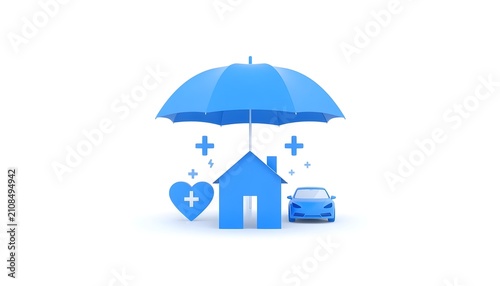 Blue Insurance Umbrella Protecting House Car and Health Icons, Coverage Concept