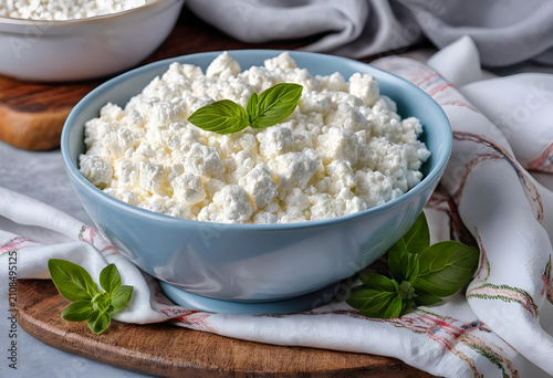 Fresh cottage cheese in blu...
