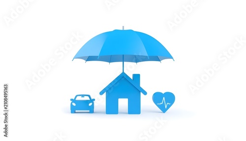 Insurance Coverage Concept with Umbrella Over House Car and Heartbeat Icon
