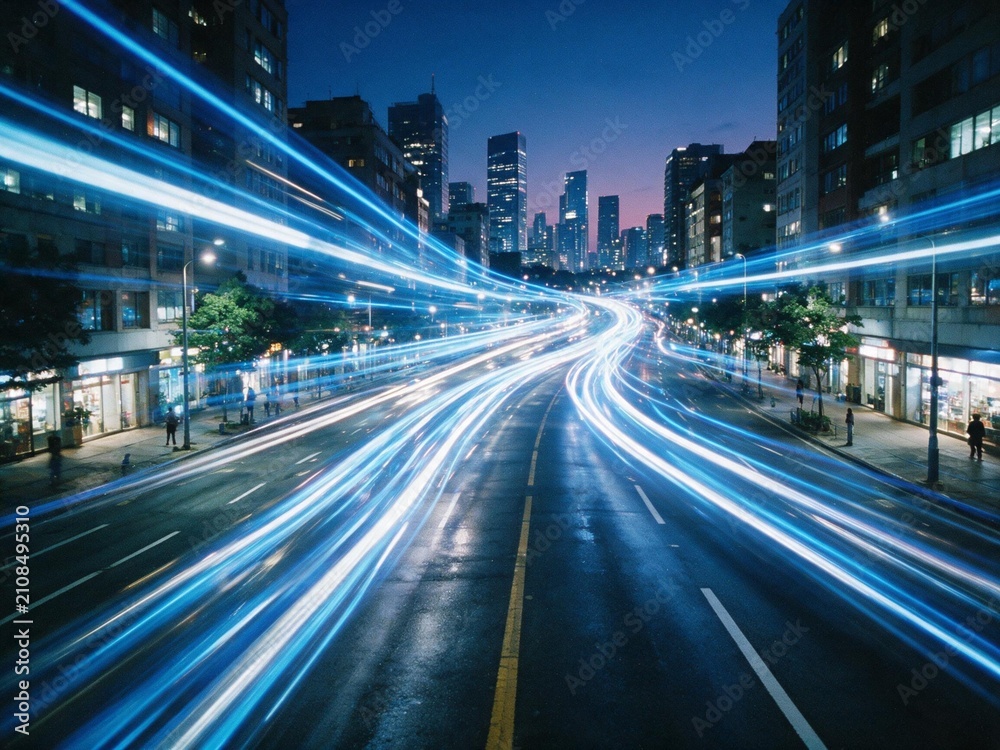 Fototapeta premium High-angle view of a busy intersection at night, showing light trails from moving vehicles creating a vibrant, futuristic cityscape.