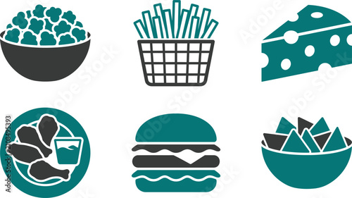 Foto Fast food icons set popcorn fries cheese chicken burger and nachos