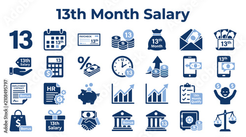 Bild auf Leinwand Set of 13th month salary icons representing financial bonus and annual payment c